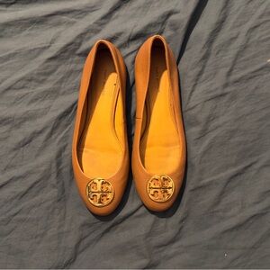 Tory Burch Tan Leather Flats with Gold Medallion